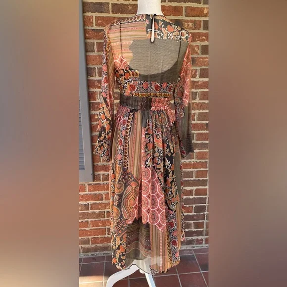 NWT Oriental Paisley Print Chiffon Midi Long Sleeve Dress. Size Small. - Picture 4 of 15